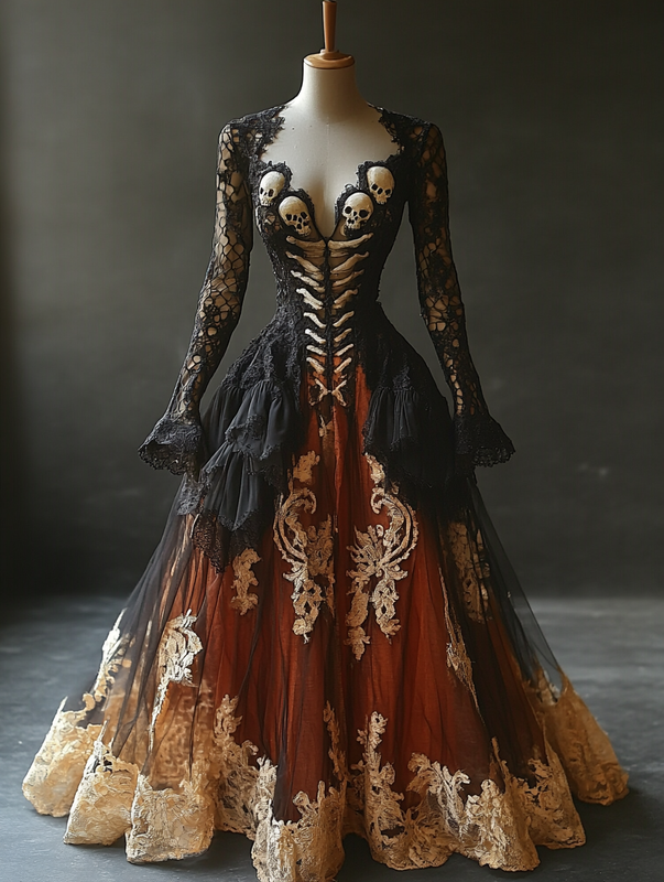 Halloween themed embroidered irregular contrast color lace mesh patchwork hooded dress 6e9c