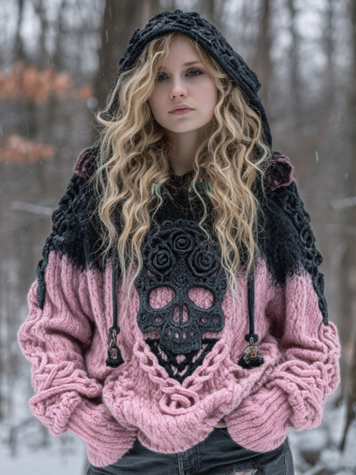 Women's Vintage Viking Tribal Celtic Skull Gradient Art Chunky Knit Hooded Sweater 9d09