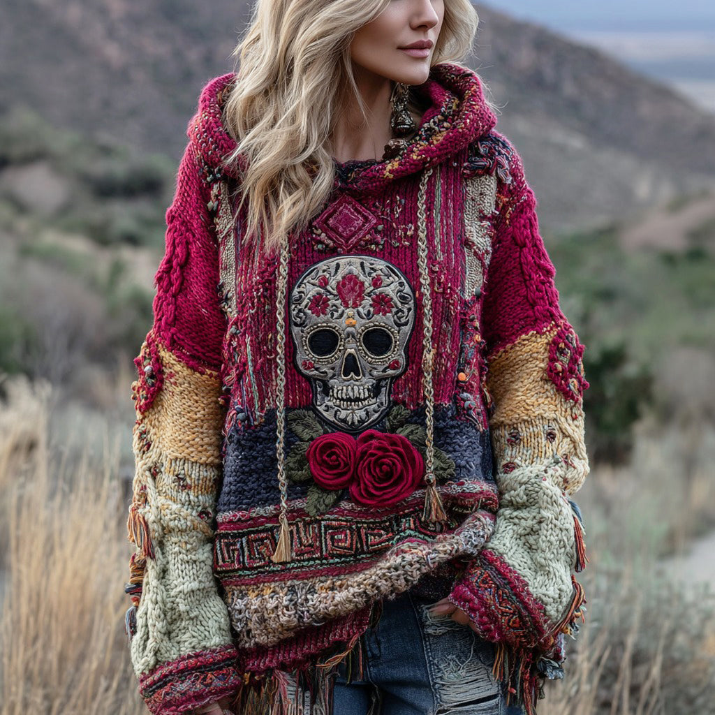 Boho Floral And Skull Inspired Colorblock Design Cozy Knit Hooded Sweater 5249