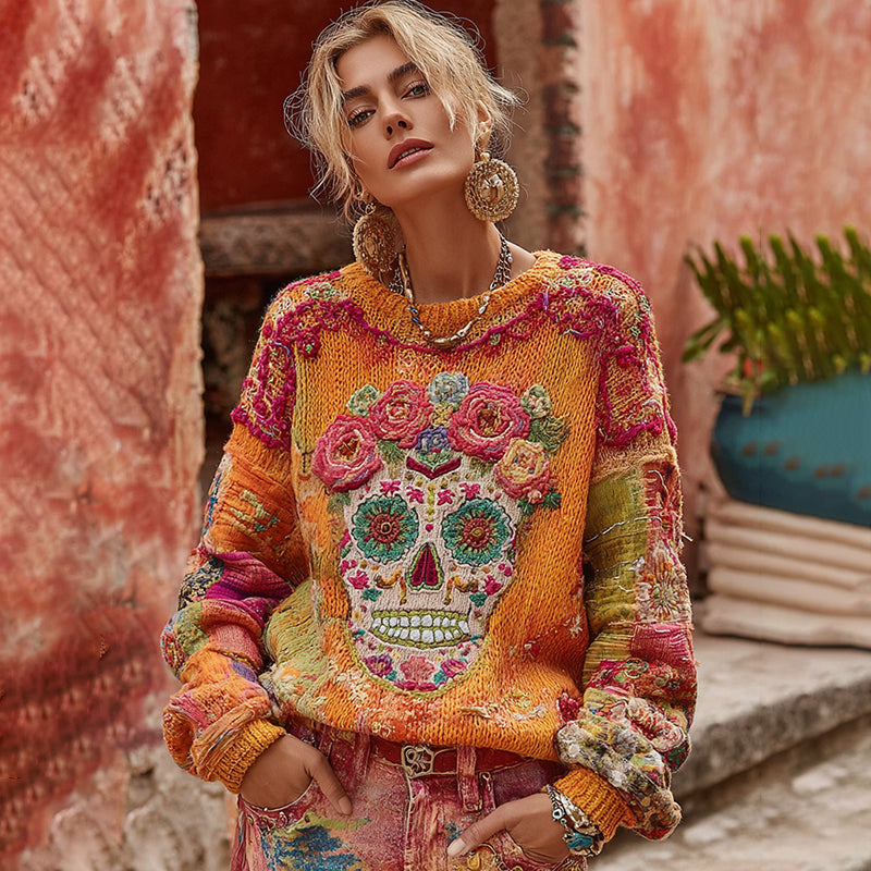 Women's Classic Mexican Sugar Skeleton Catrina Day Of The Dead Inspired Painting Embroidered Art Cozy Knitted Sweater 8c8a