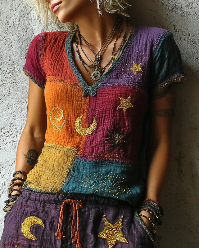 Women's Summer Vacation Stars and Moon Embroidered Linen Patchwork Top  68a9