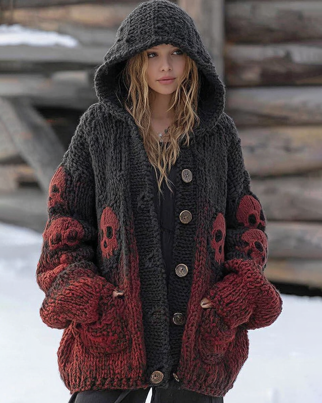 Halloween Themed Contrasting Color Skull Knitted Hooded Cardigan c338