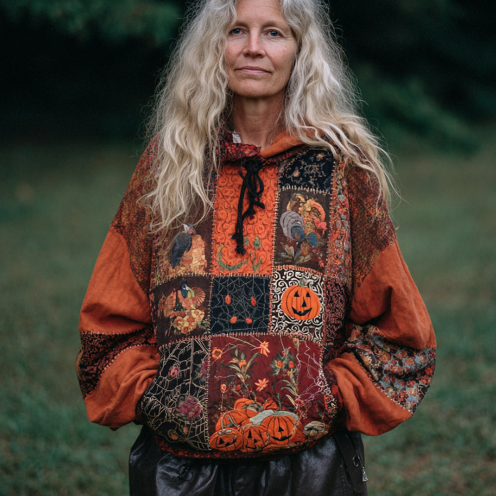 Women's Vintage Patchwork Halloween Pattern Orange Hoodie bd7f