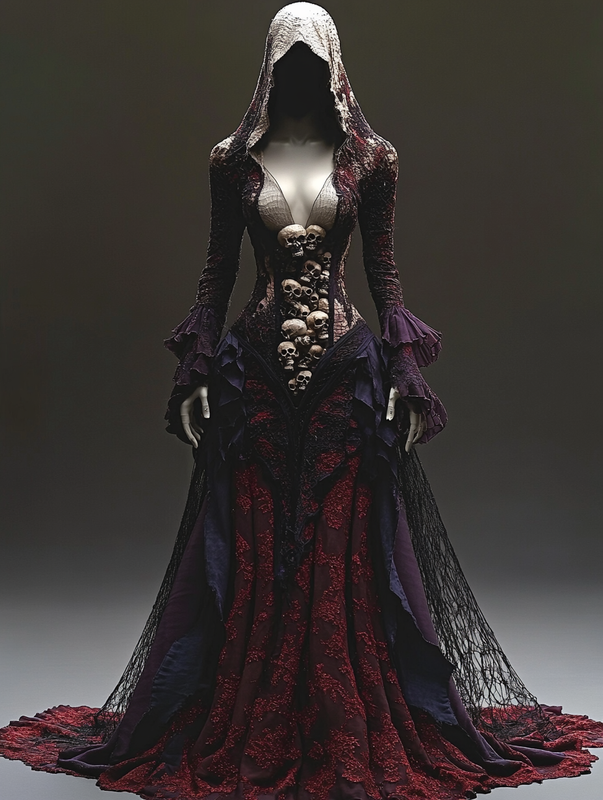 Halloween themed skull embroidered contrast lace paneled hooded dress 0214