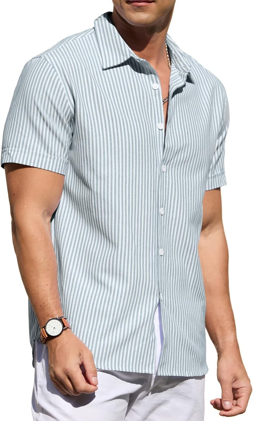 Men's Casual Button Down Shirts Short Sleeve Striped Cotton Beach Summer Vacation Shirt