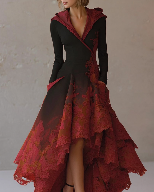 Halloween themed embroidered gradient lace paneled hooded dress 6371
