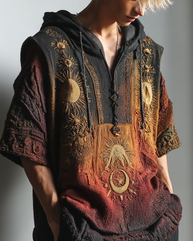Men's Summer Vacation Star and Moon Embroidery Hooded Short Sleeve Top f19b