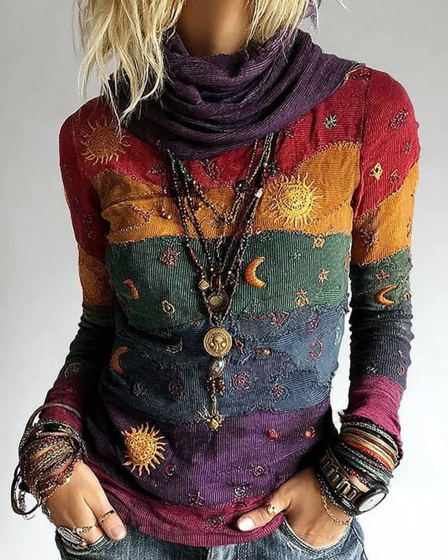 Women's star and moon embroidered contrast stitching turtleneck top 0853
