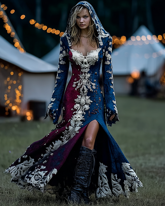 Halloween themed contrasting embroidered hooded dress 348c