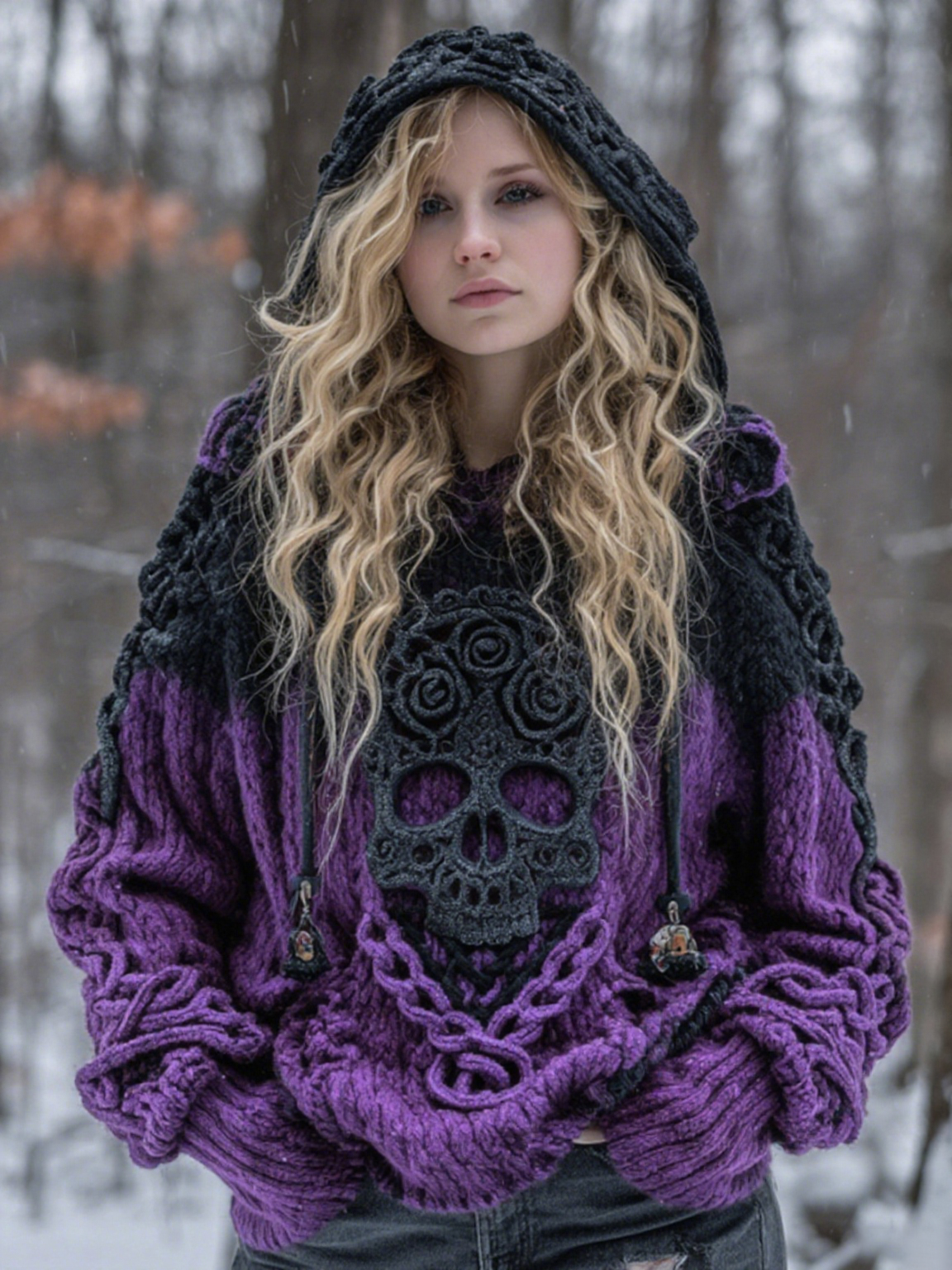 Women's Vintage Viking Tribal Celtic Skull Gradient Art Chunky Knit Hooded Sweater 9d09
