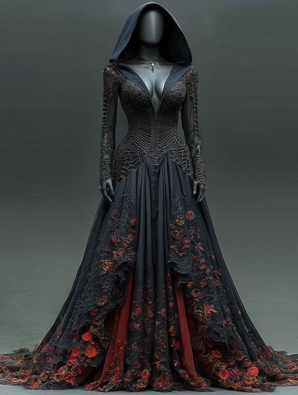 Halloween themed floral embroidered irregular lace patchwork hooded dress d199