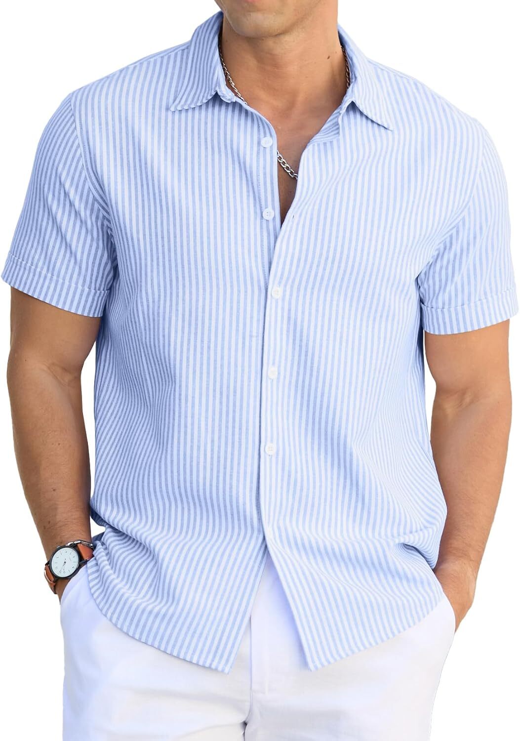 Men's Casual Button Down Shirts Short Sleeve Striped Cotton Beach Summer Vacation Shirt