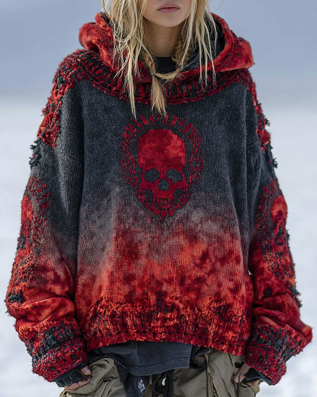 Halloween Themed Gradient Skull Embroidered Knitted Hooded Sweater 4f18