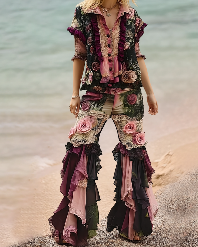 Summer Vacation Floral Embroidered Lace Pants & Top Two-Piece Set e215