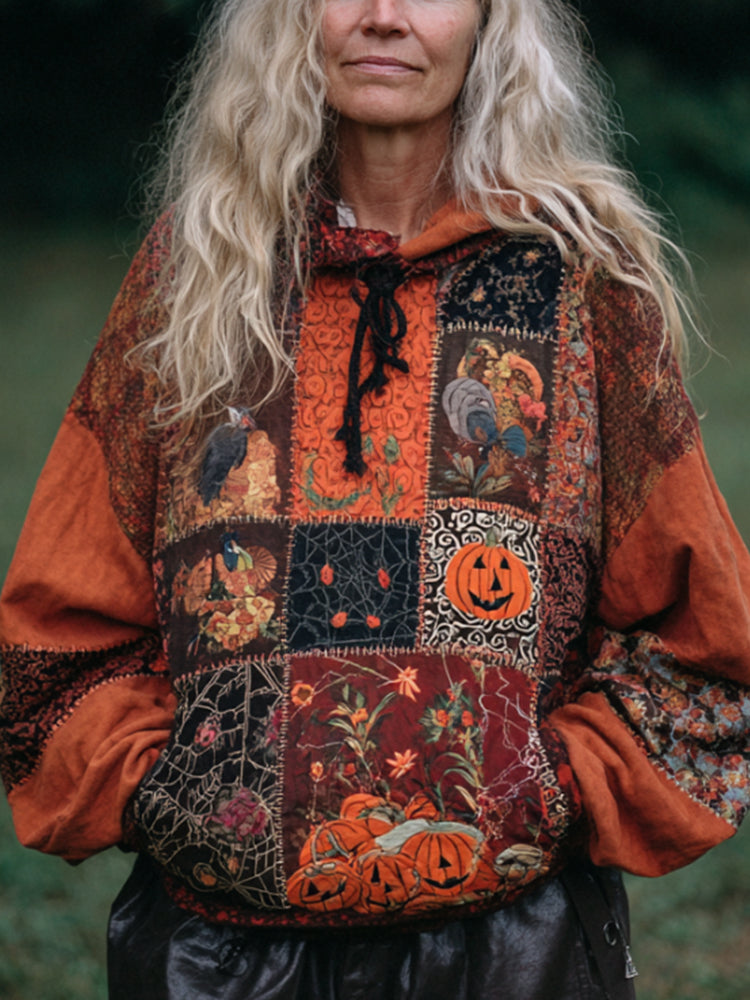 Women's Vintage Patchwork Halloween Pattern Orange Hoodie bd7f