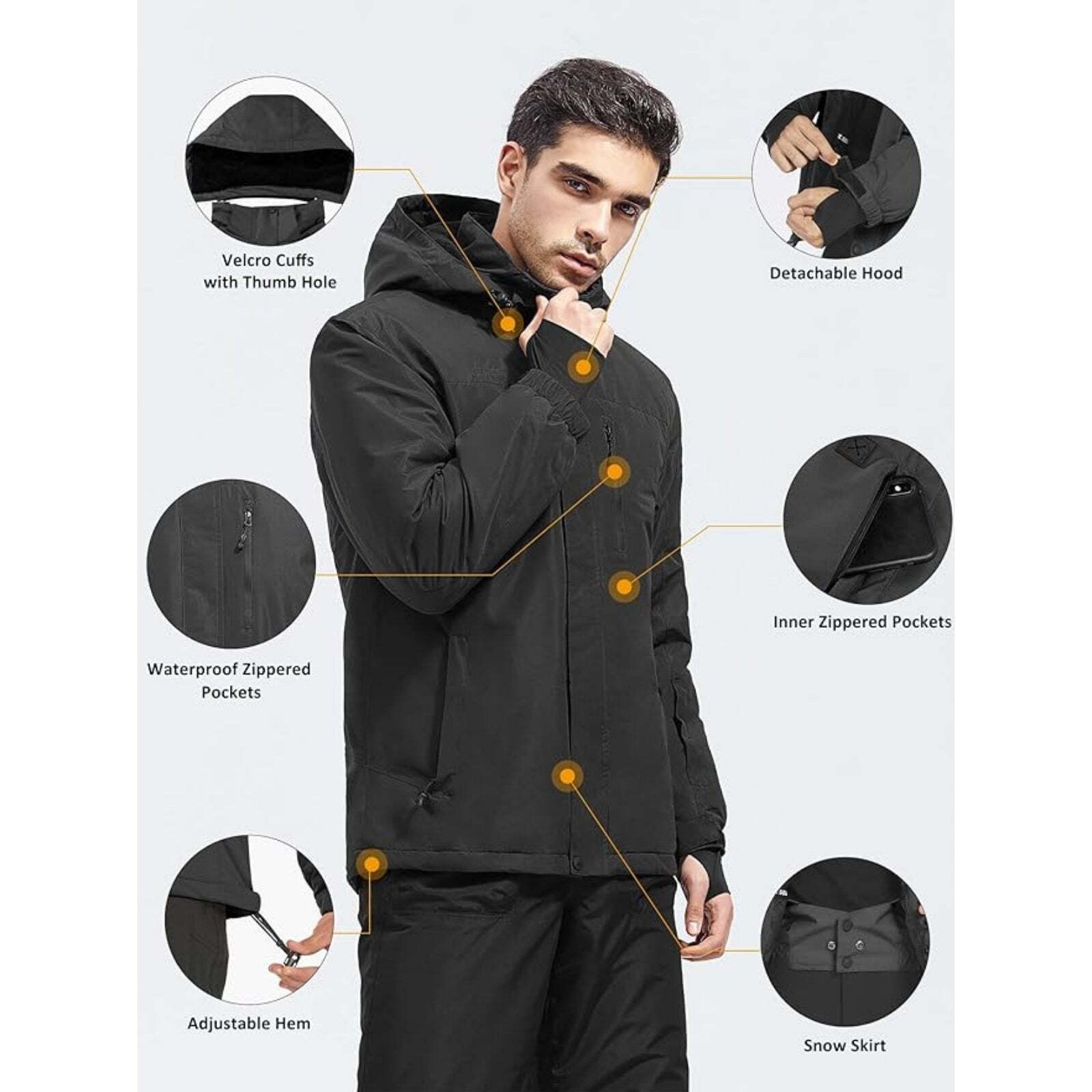 WHALE Men's Waterproof Warm Fleece Lined Ski Jacket