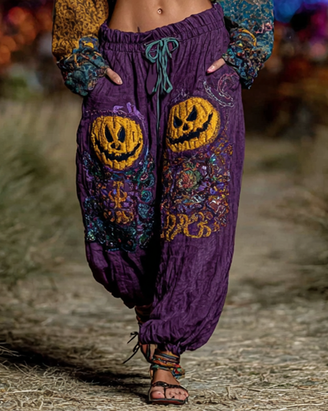 Halloween Themed Pumpkin Embroidered Linen Trousers fbf1