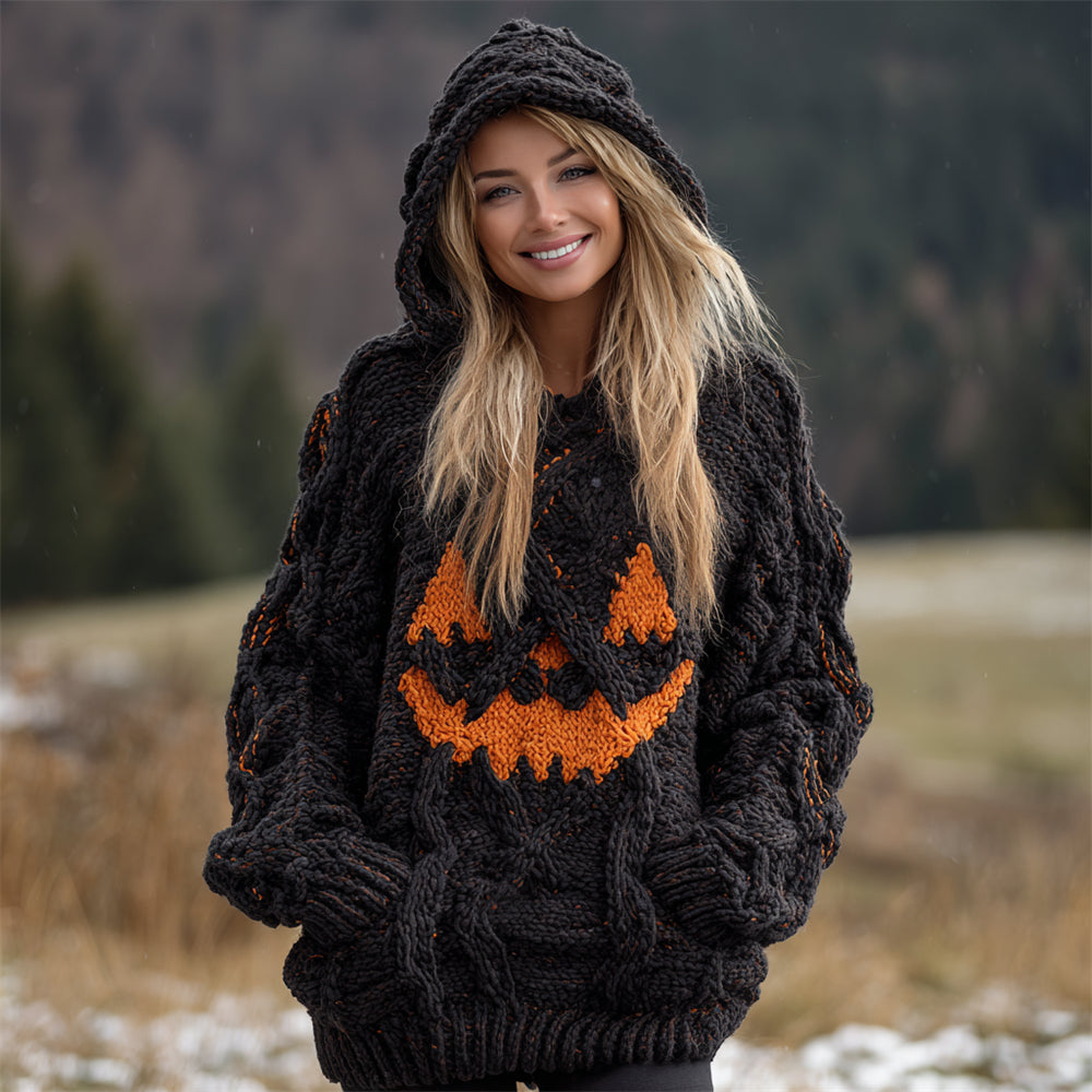Halloween Pumpkin Face Women's Chunky Knit Hooded Sweater a903