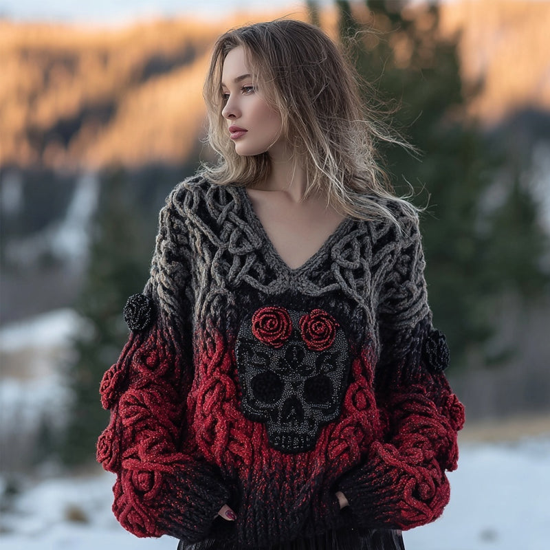 Vintage Red Roses Skull Viking Celtic V Neck Cozy Knit Sweater 946d