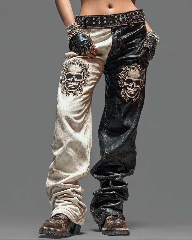 Women's skull embroidered contrasting color stitching rivet leather pants 0248