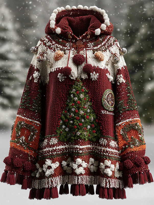 CHRISTMAS THEMED ELEGANT CONTRAST COLOR KNITTED HOODED SWEATSHIRT c9de