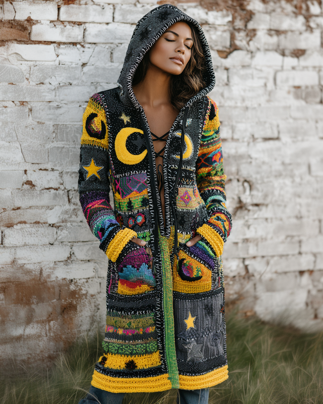 Autumn and winter long-sleeved patchwork knitted hooded contrasting color sweatshirt e78f