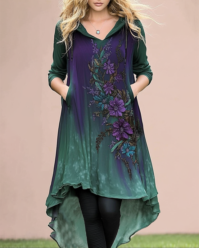 Women's floral embroidered irregular hem hooded sweatshirt 44c7