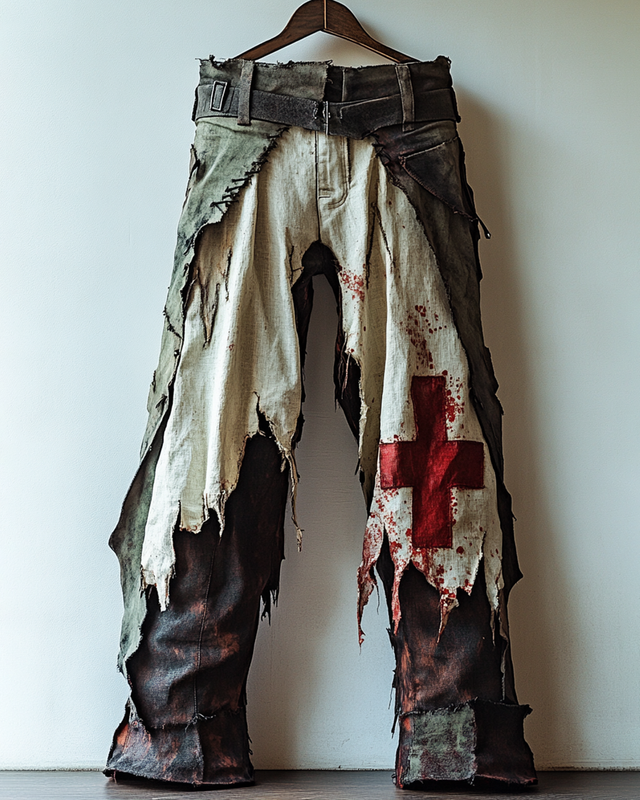 Halloween Themed Irregular Cross Embroidered Patchwork Linen Trousers d7ab