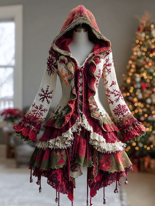CHRISTMAS THEMED ELEGANT CONTRAST COLOR KNITTED HOODED DRESS 5527