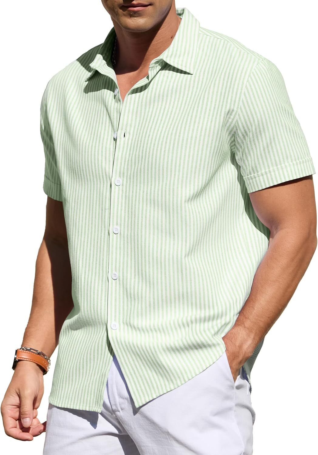 Men's Casual Button Down Shirts Short Sleeve Striped Cotton Beach Summer Vacation Shirt