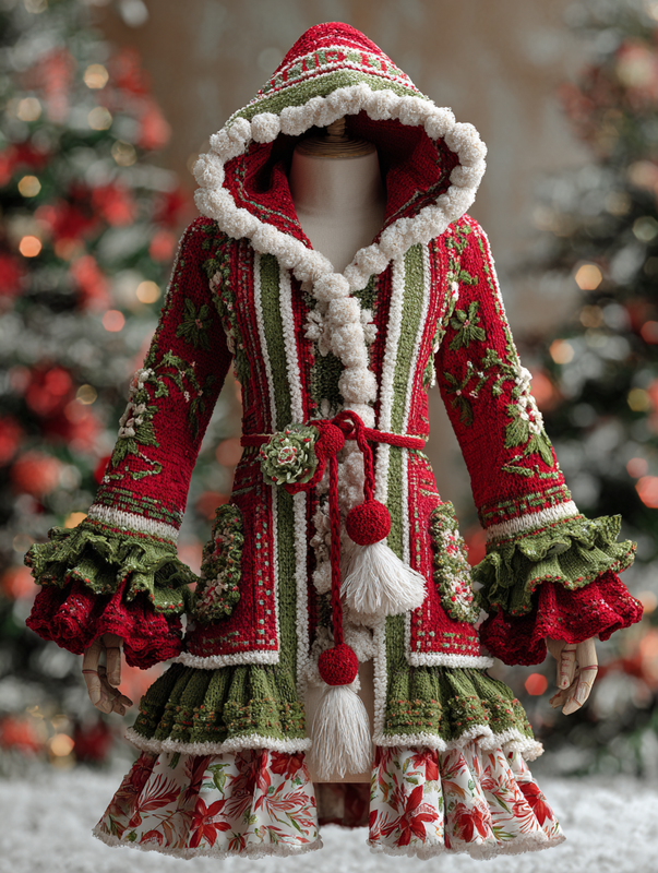 CHRISTMAS THEMED ELEGANT CONTRAST COLOR KNITTED HOODED DRESS 89f0