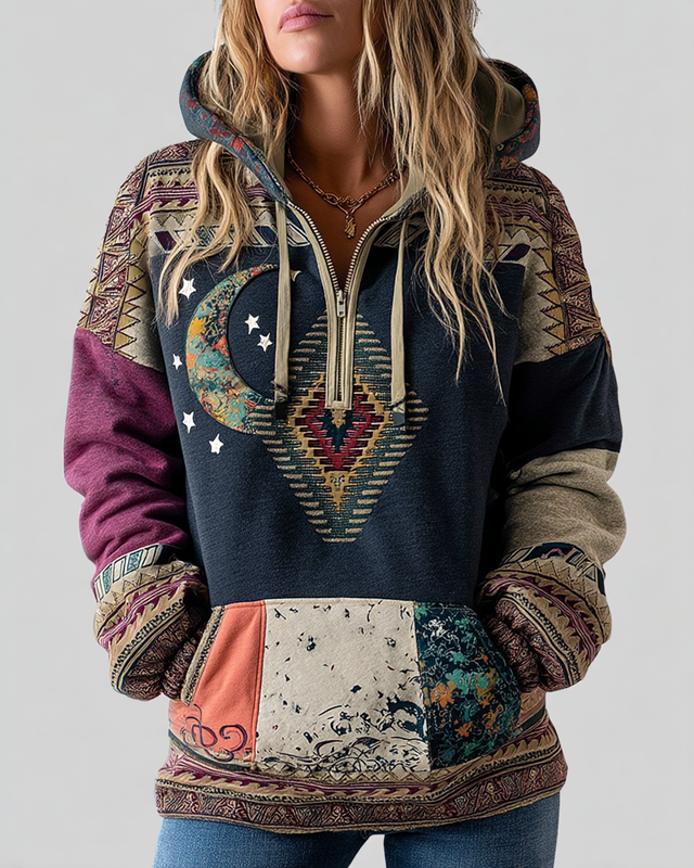 Autumn and Winter Star and Moon Patchwork Hooded Contrast Color Sweatshirt 0d04
