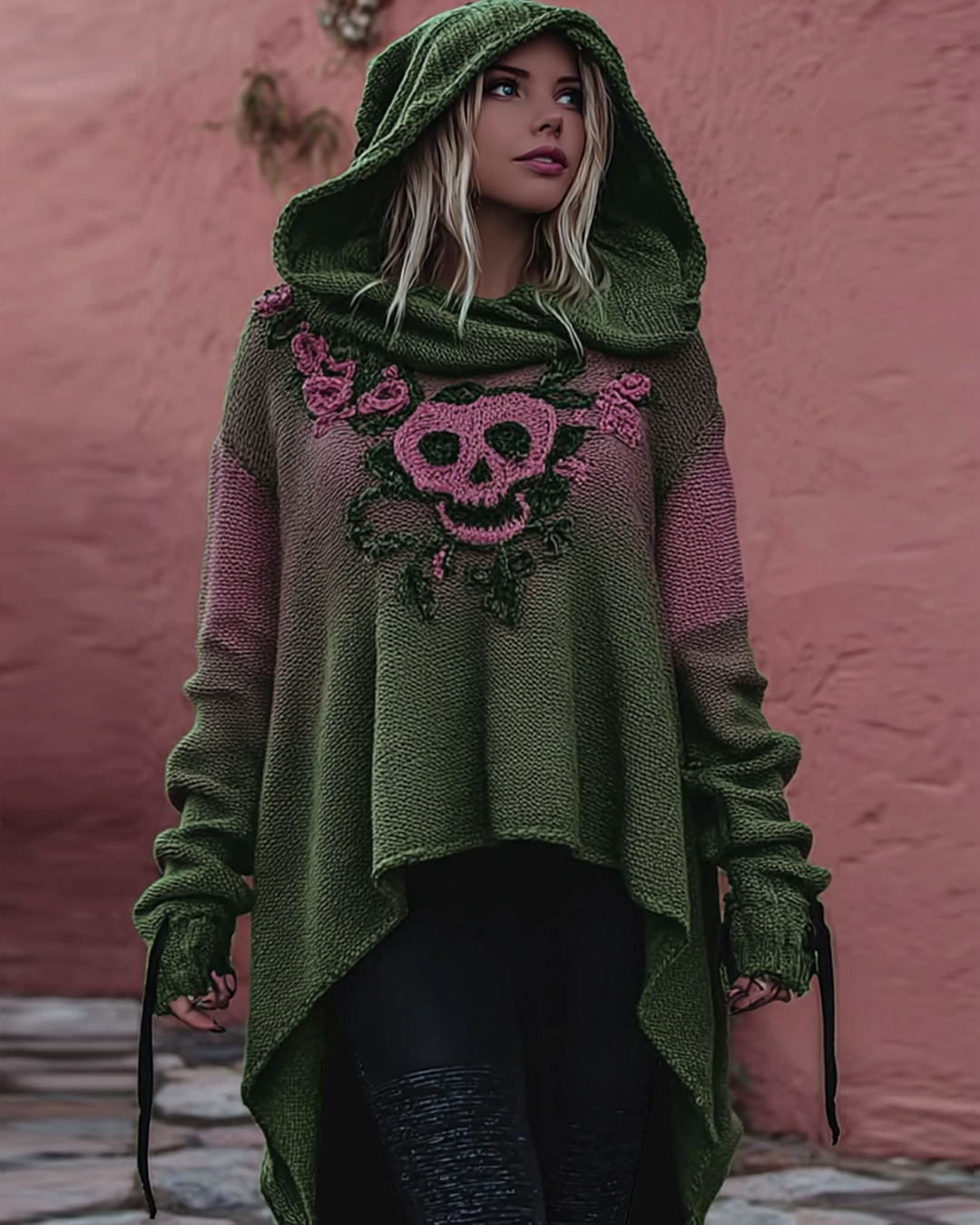 Women's skull embroidered irregular hem hooded sweatshirt 50f4