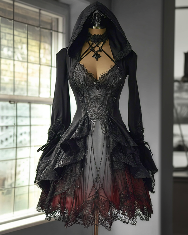 Women's Halloween Spiderweb Embroidered Lace Patchwork Hooded Dress 40a5