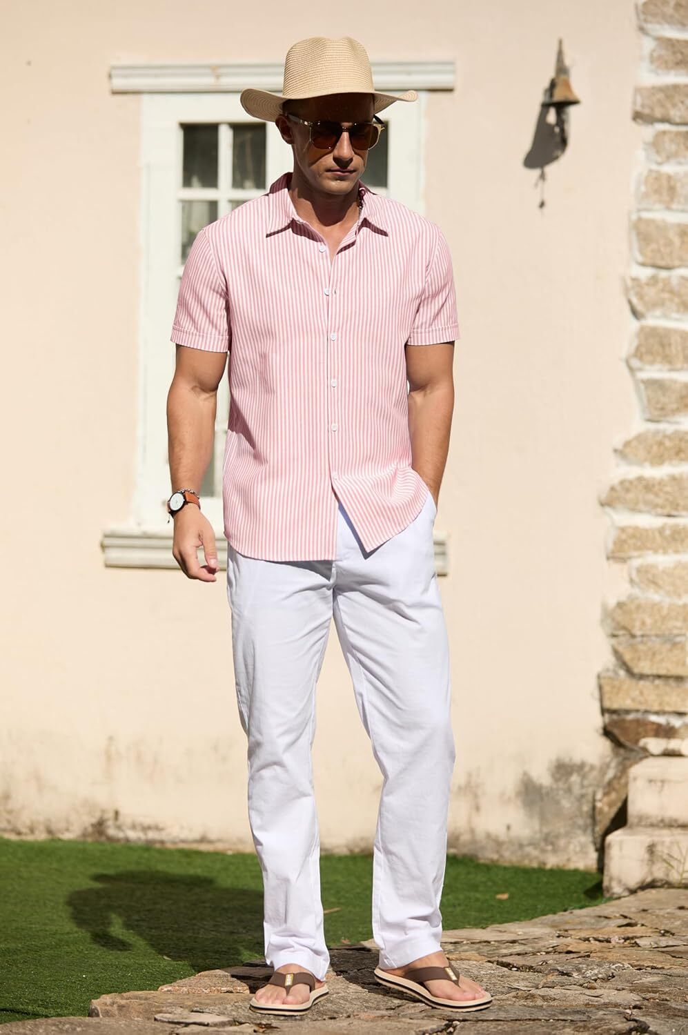 Men's Casual Button Down Shirts Short Sleeve Striped Cotton Beach Summer Vacation Shirt