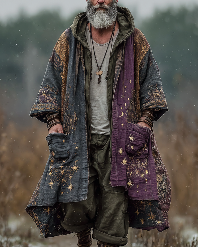 Men's casual and comfortable star and moon three-dimensional embroidery contrast color stitching linen hooded coat fc4d f1be