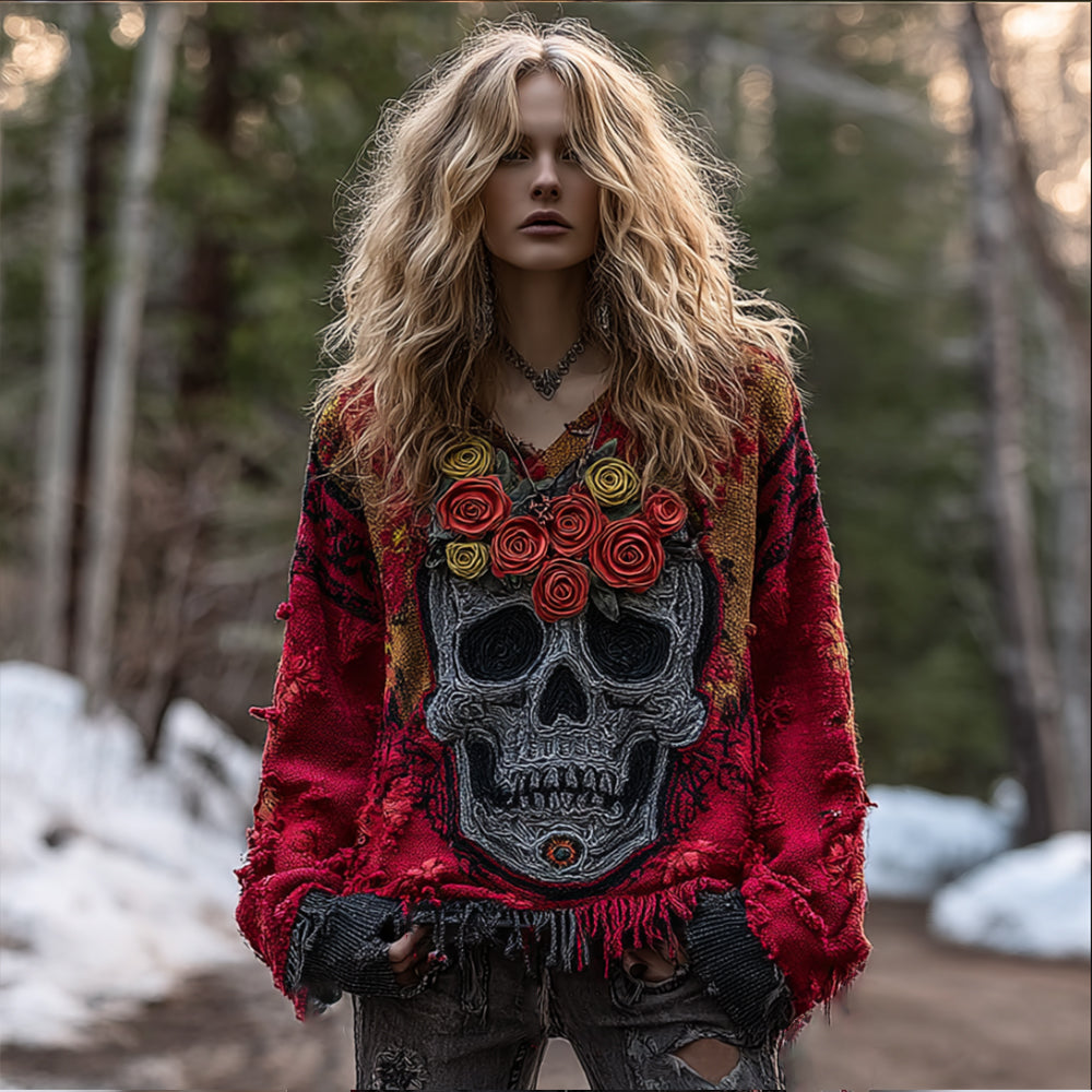 Women's Vintage Rose Skull-print Distressed V-neck Top ce34