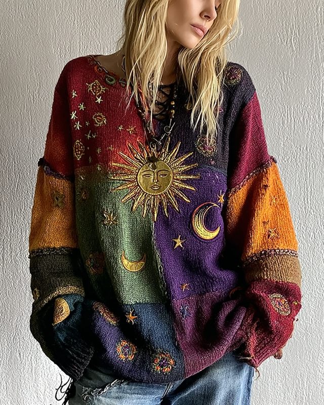 Women's Star and Moon Embroidery Sweatshirt with Contrast Stitching 112f