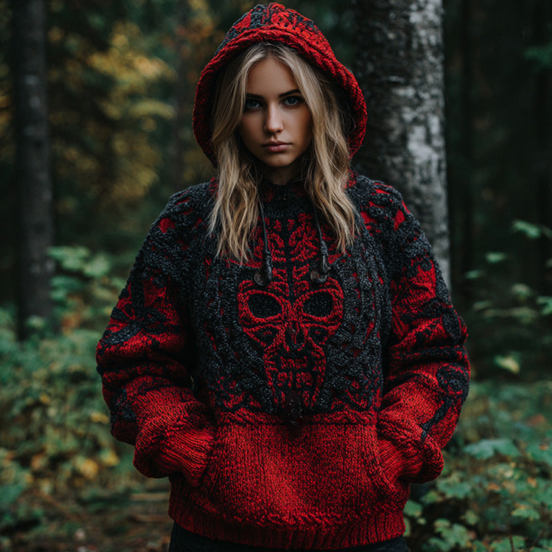 Women's Vintage Viking Tribal Celtic Skull Gradient Art Chunky Knit Hooded Sweater 175e