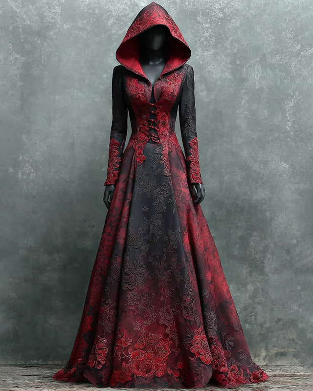 Halloween themed floral embroidered tie-dye ombre hooded dress 3a8a