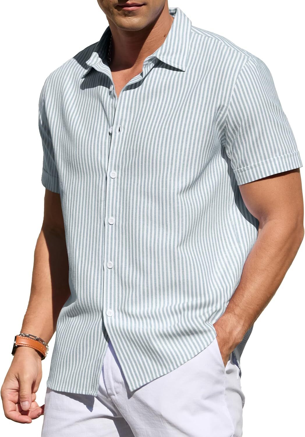 Men's Casual Button Down Shirts Short Sleeve Striped Cotton Beach Summer Vacation Shirt