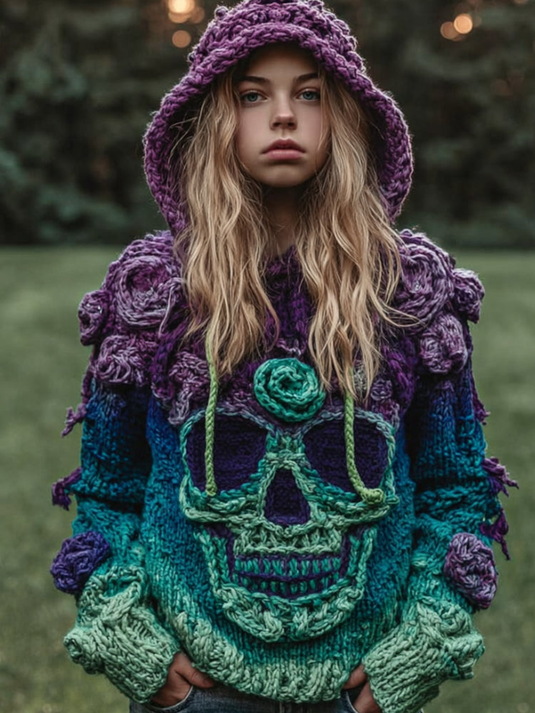Women's Skull Rose Vintage Tie-dye Worn-out Hooded Sweater 4b70