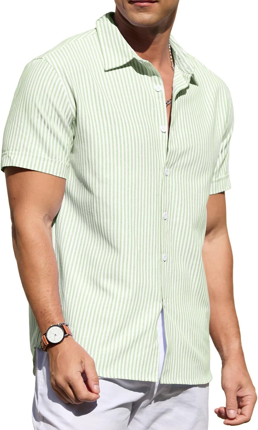 Men's Casual Button Down Shirts Short Sleeve Striped Cotton Beach Summer Vacation Shirt