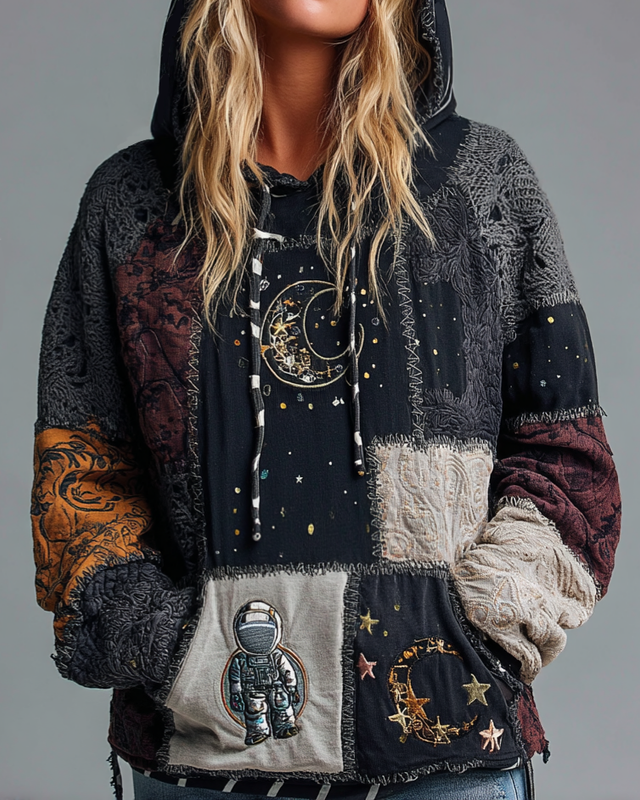 Autumn and Winter Star and Moon Patchwork Hooded Contrast Color Sweatshirt cc2b