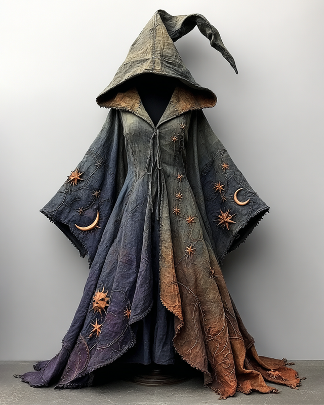 Halloween Themed Star And MoonEmbroidery Gradient Hooded Witch Dress ba06