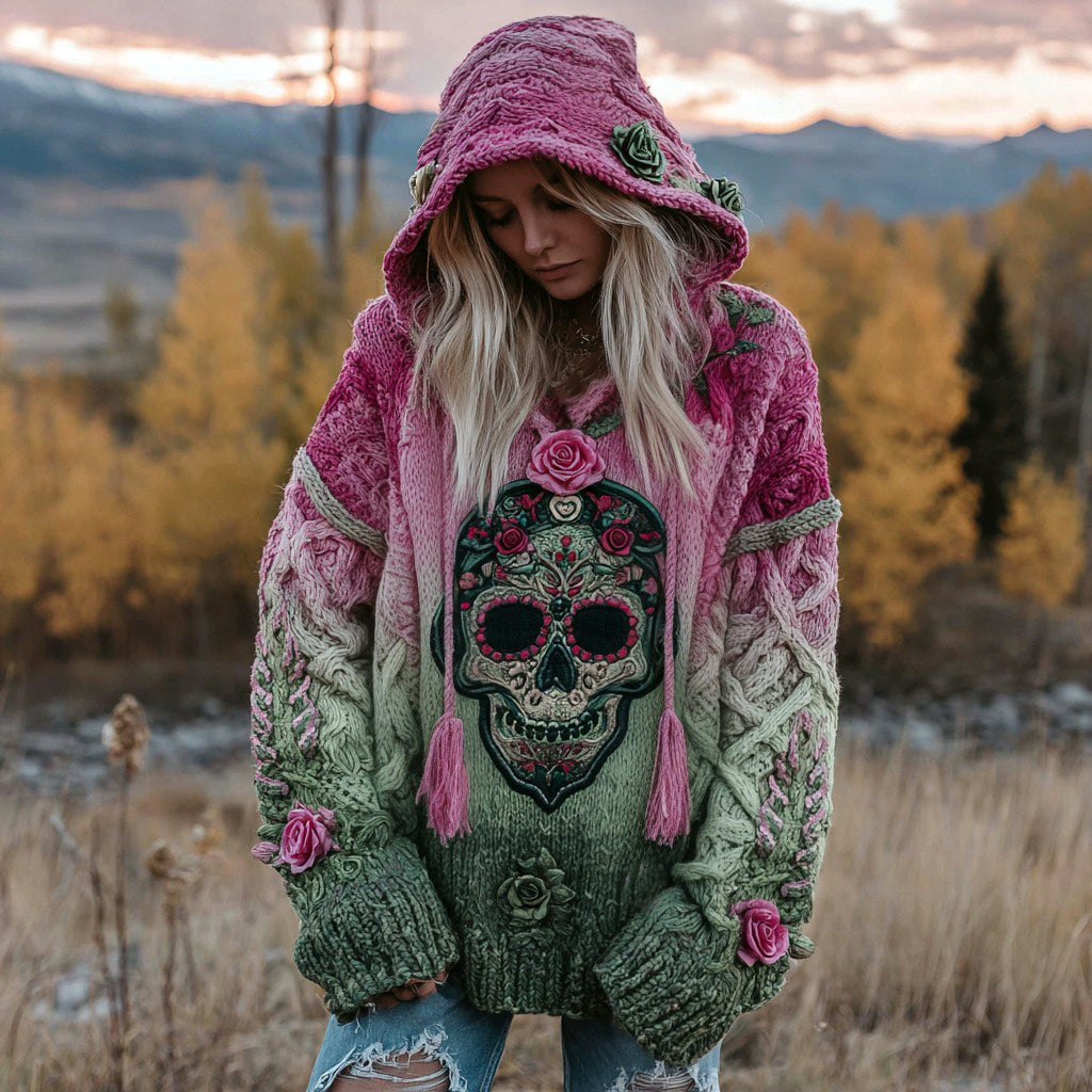 Women's Gradient Rose And Skull Inspired Chunky Knit Hooded Sweater 9fe8