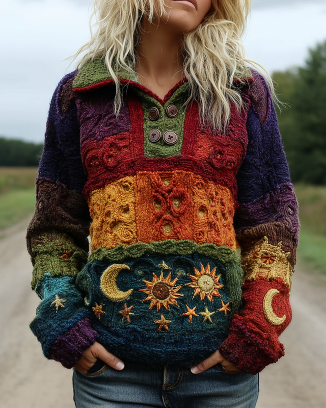 Women's star and moon embroidered contrasting knitted top 3f40