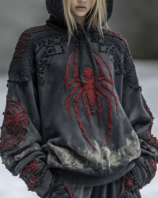 Halloween Themed Gradient Spider Embroidered  Hooded Sweatshirt d43c