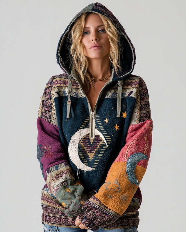 Autumn and Winter Star and Moon Patchwork Hooded Contrast Color Sweatshirt 5911
