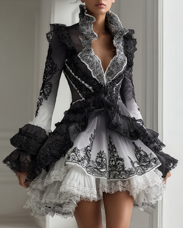 Halloween Gradient Irregular Ruffle Lace Mini Dress fb3f